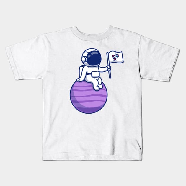 Cute Astronaut Sitting On Planet Holding Flag Kids T-Shirt by Catalyst Labs